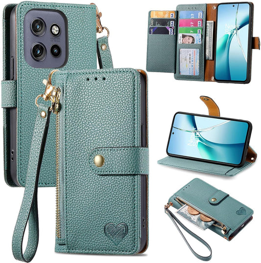 iTape Wallet case for Motorola Edge 50 Neo with RFID blocking phone case, flip stand with photo frame Wrist band Love mobile phone case Green