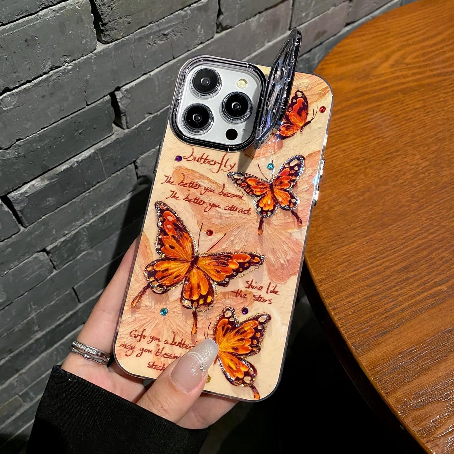 Leopard Brown Butterfly Case for iPhone 14 Pro max, Shock and Drop Resistant Case with Silver Grey Glitter Lens Protection + Stand