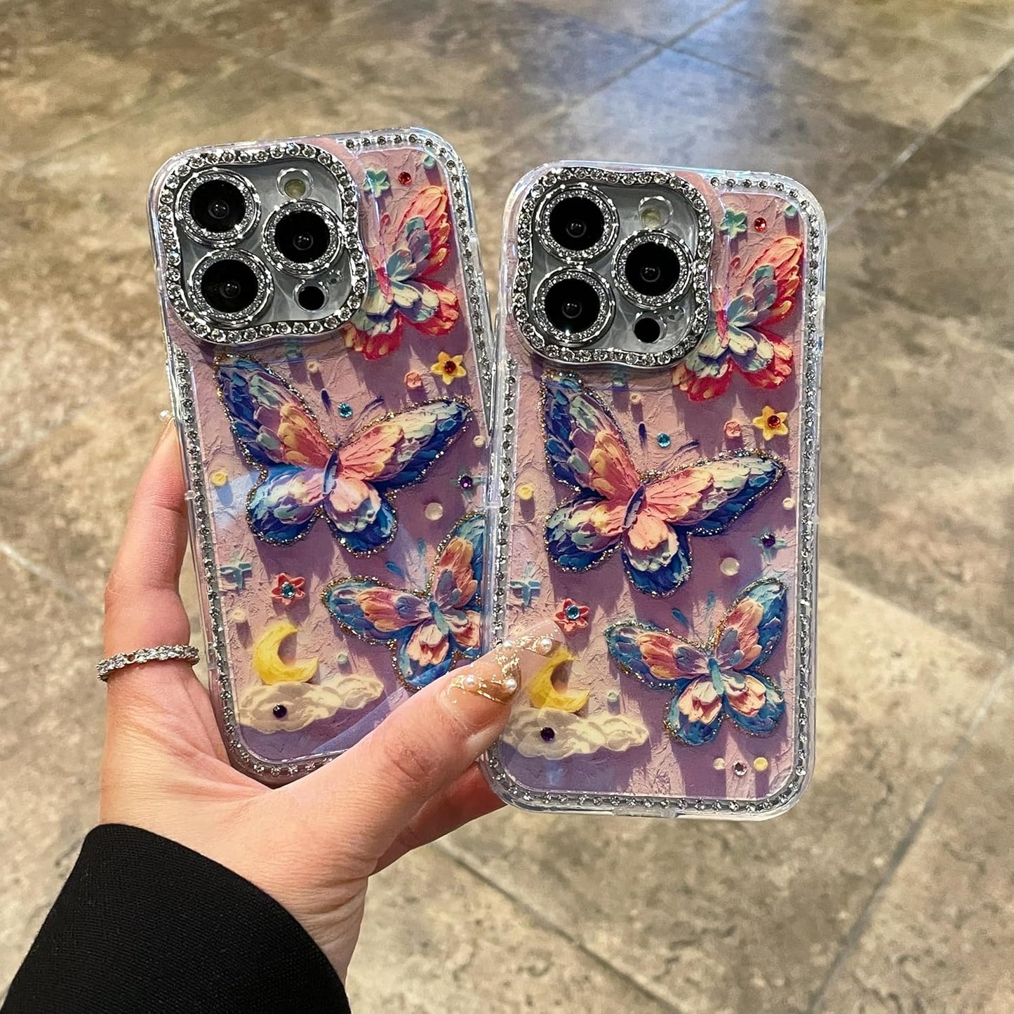 3D Stereoscopic colourful clouds butterfly case for iPhone 16 Pro, shockproof and drop-proof case, full of diamonds lens protection phone case