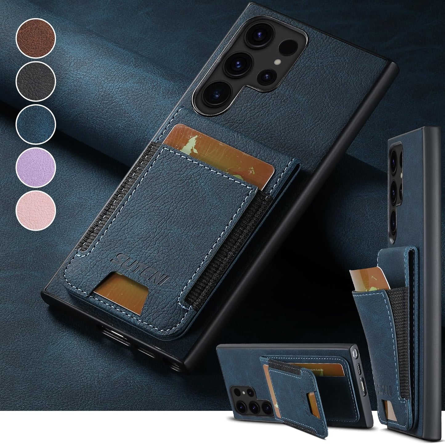 iTape Litchi Texture Phone Case for Samsung Galaxy S23 Ultra - Ultra-thin Simple Card Holder Phone Case with Stand Durable Buffer [Shockproof TPU Inner Shell] Blue
