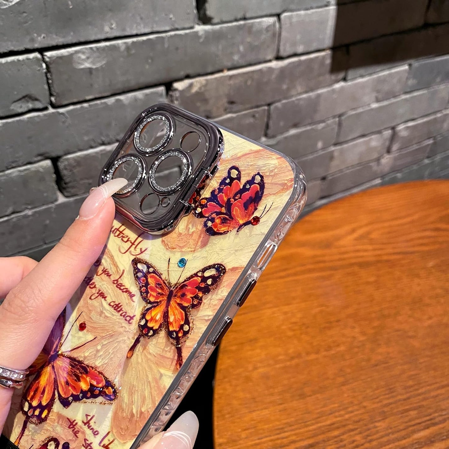 Leopard Brown Butterfly Case for iPhone 16 Pro, Shock and Drop Resistant Case with Silver Grey Glitter Lens Protection + Stand