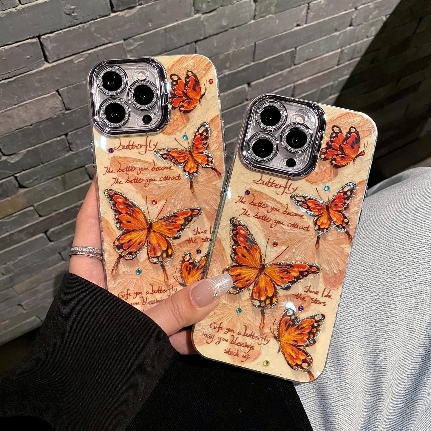Leopard Brown Butterfly Case for iPhone 14 Pro max, Shock and Drop Resistant Case with Silver Grey Glitter Lens Protection + Stand