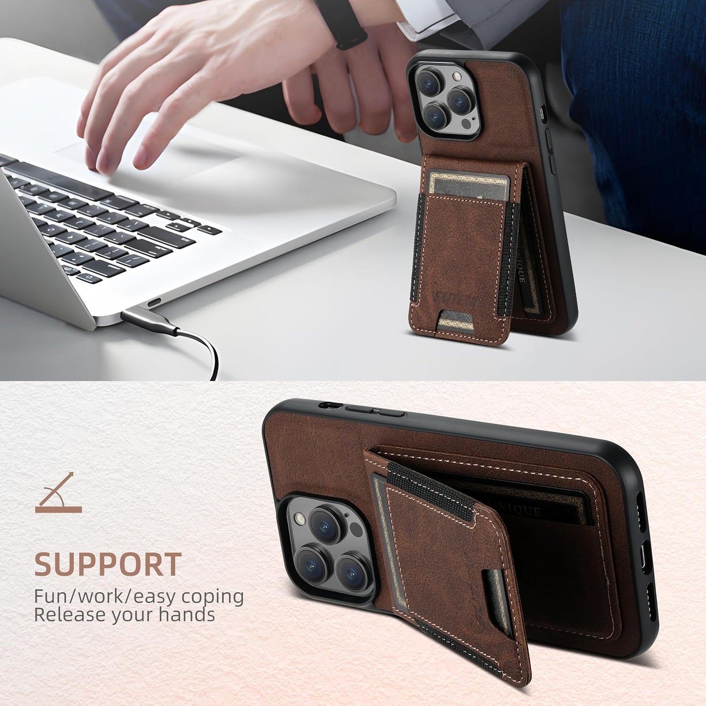 Litchi Texture Phone Case for iPhone 14 Pro max - Ultra-thin Simple Card Holder Phone Case with Stand Durable Buffer [Shockproof TPU Inner Shell] Brown
