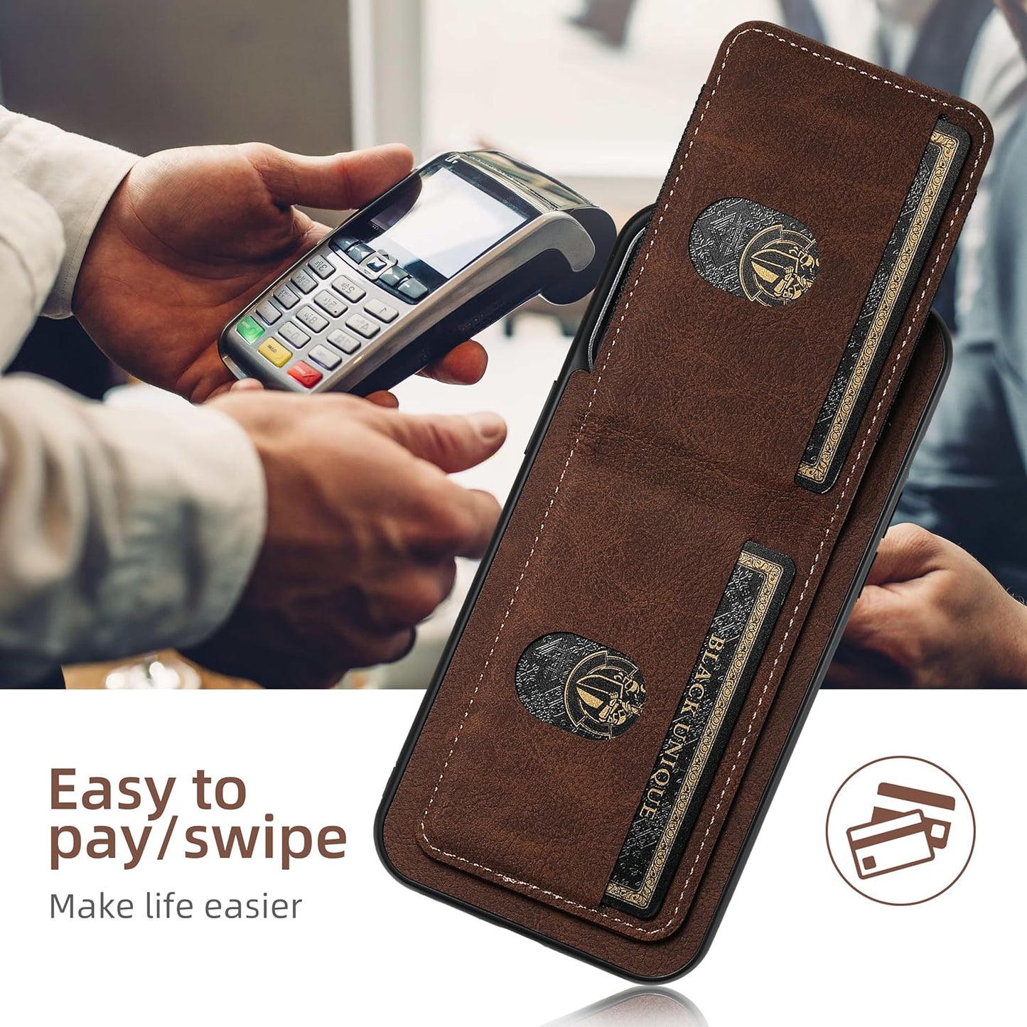 Litchi Texture Phone Case for iPhone 14 Pro max - Ultra-thin Simple Card Holder Phone Case with Stand Durable Buffer [Shockproof TPU Inner Shell] Brown