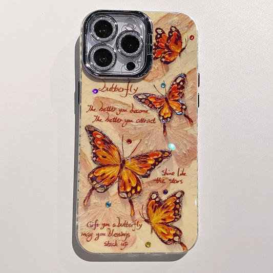 Leopard Brown Butterfly Case for iPhone 16 Pro, Shock and Drop Resistant Case with Silver Grey Glitter Lens Protection + Stand