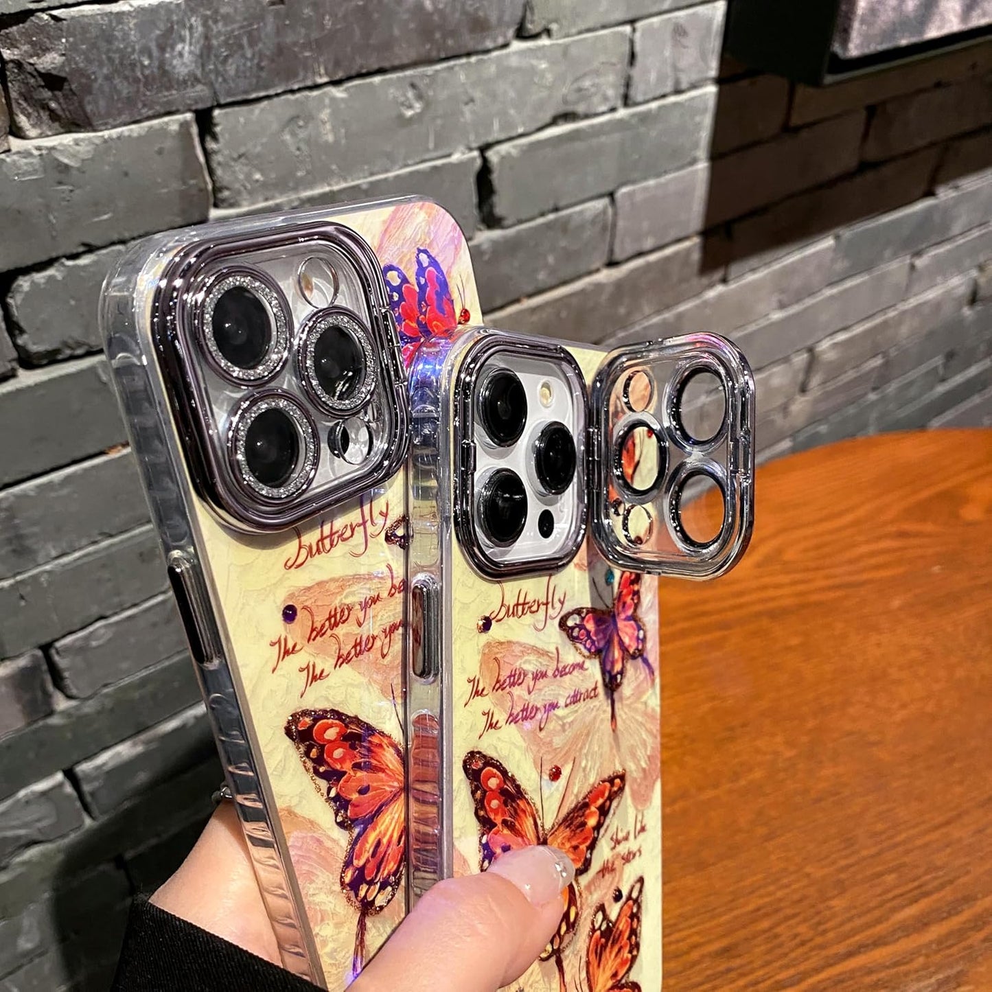 Leopard Brown Butterfly Case for iPhone 16 Pro, Shock and Drop Resistant Case with Silver Grey Glitter Lens Protection + Stand