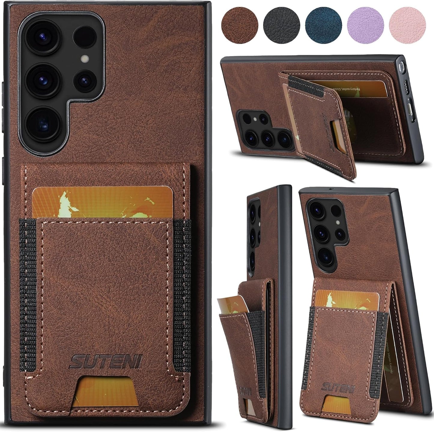 iTape Litchi Texture Phone Case for Samsung Galaxy S23 Ultra - Ultra-thin Simple Card Holder Phone Case with Stand Durable Buffer [Shockproof TPU Inner Shell] Blue