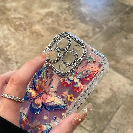 3D Stereoscopic colourful clouds butterfly case for iPhone 16 Pro, shockproof and drop-proof case, full of diamonds lens protection phone case