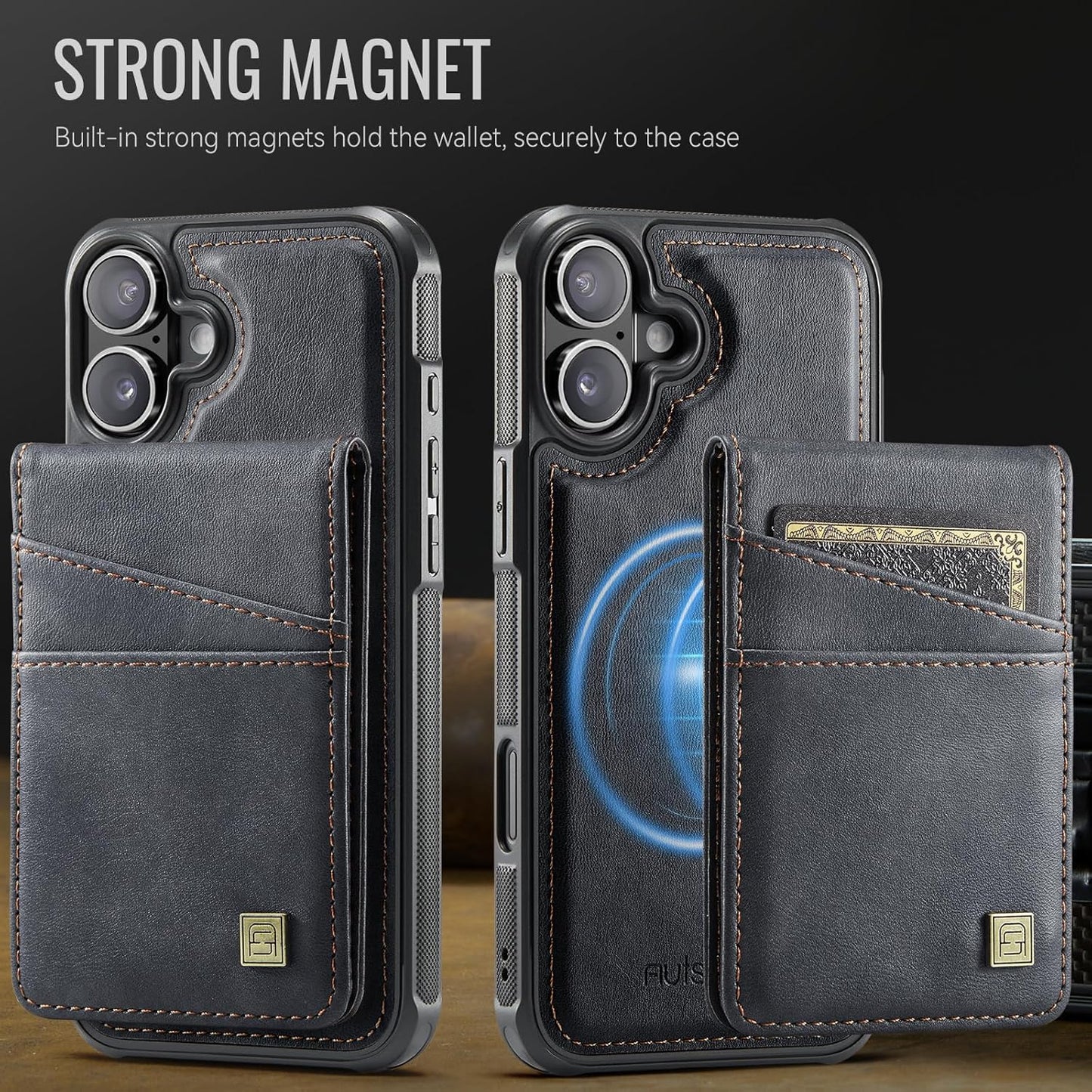 Up and down card holder mobile phone case suitable for iPhone 16 Plus, RFID (anti-theft), supports car magnetic suction function, card slot wallet holder Brown