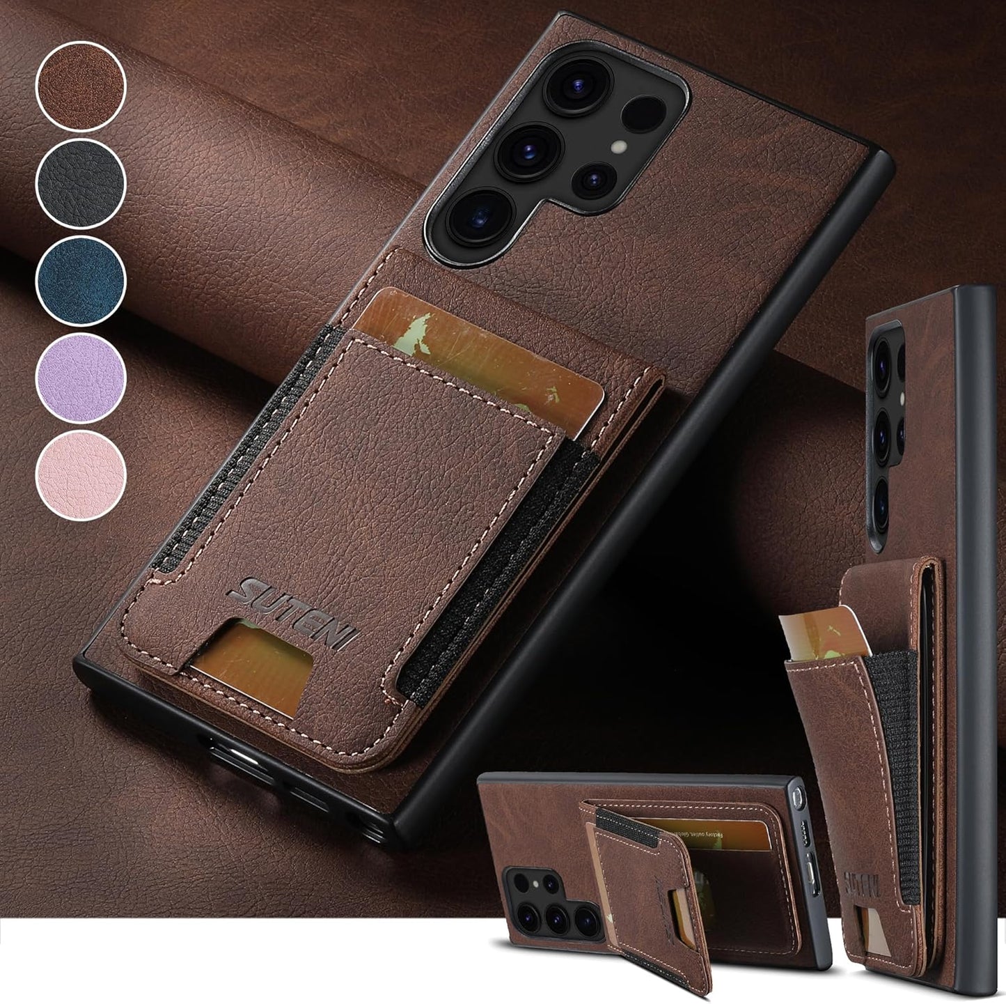 iTape Litchi Texture Phone Case for Samsung Galaxy S23 Ultra - Ultra-thin Simple Card Holder Phone Case with Stand Durable Buffer [Shockproof TPU Inner Shell] Blue