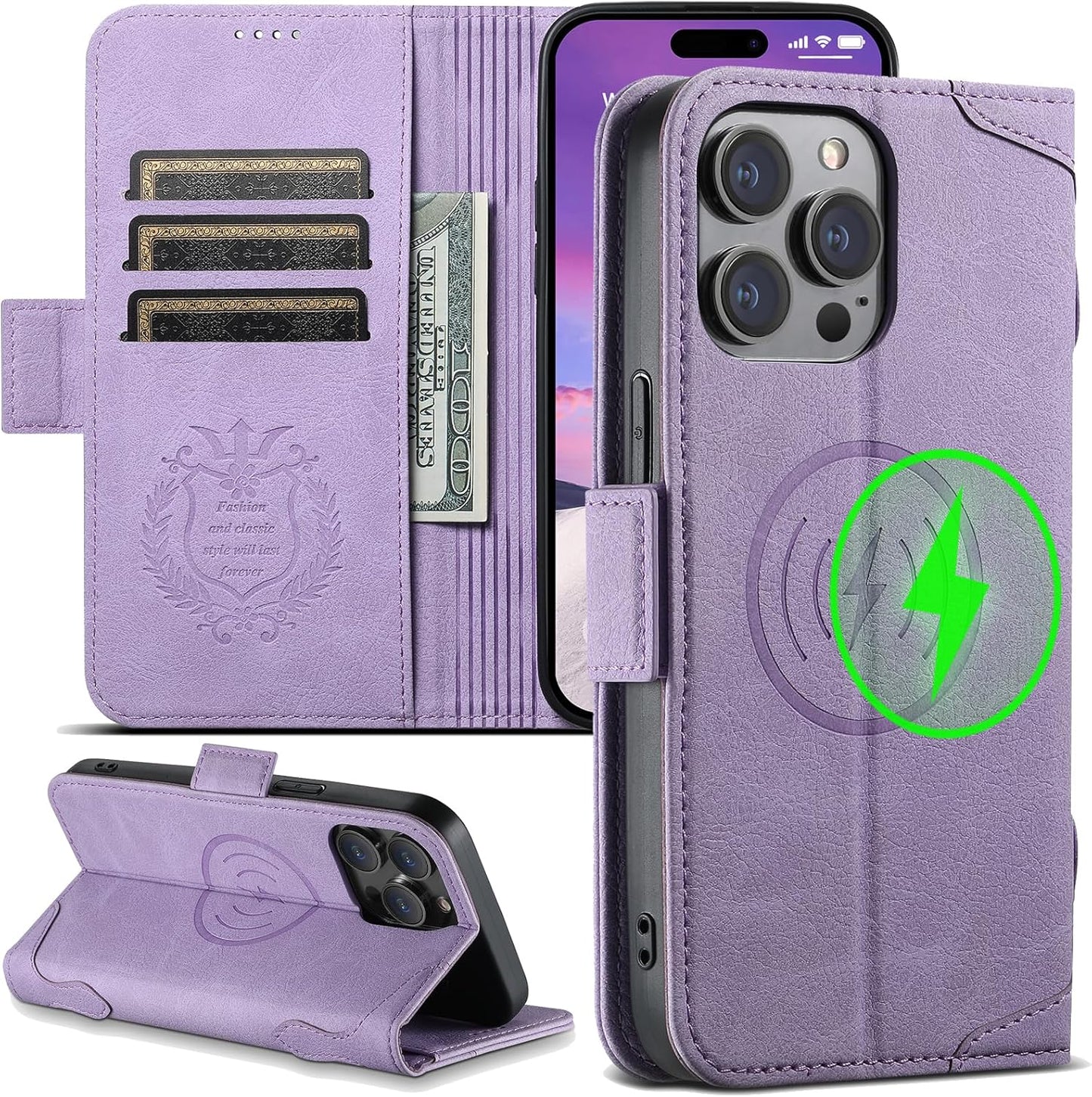 Wallet Case for iPhone 13 Pro Magsafe Charger Compatible, Magnetic Buckle Leather Case, Card Slot Stand Shock Cover Black